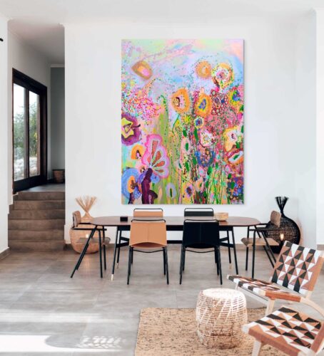 big painting colorful flowers dining room