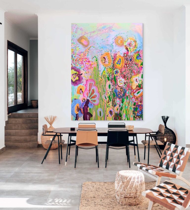 big painting colorful flowers dining room